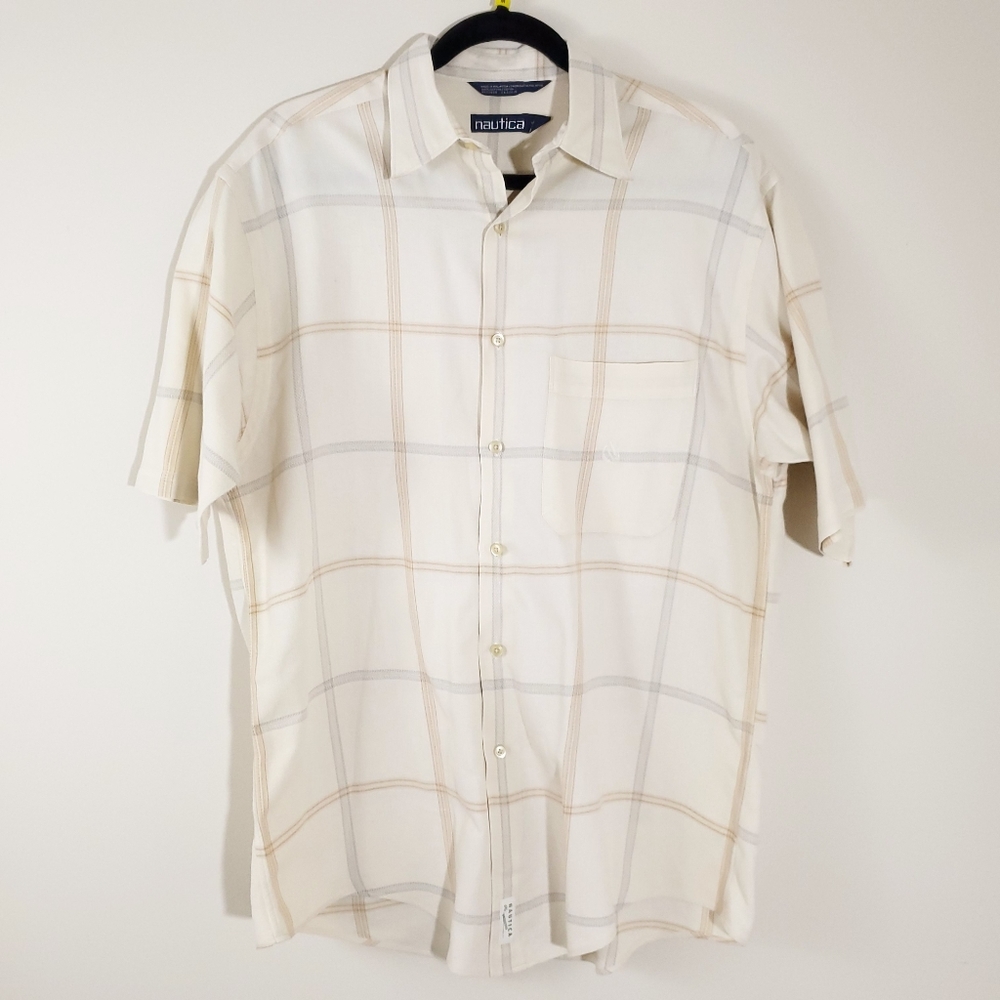 Nautica Men's Short Sleeve Button Cream Plaid M
